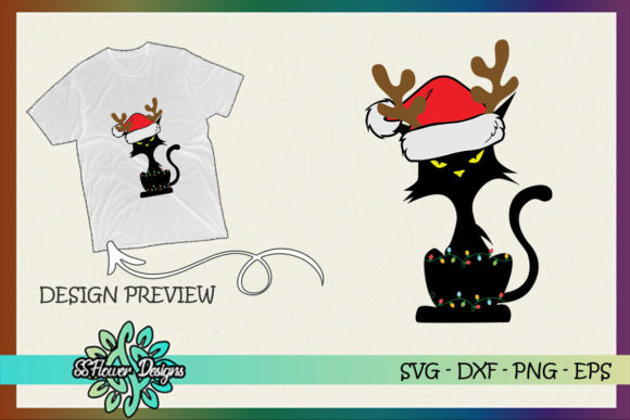 Funny Cat Christmas Light Reindeer Graphics & T-Shirt Designs